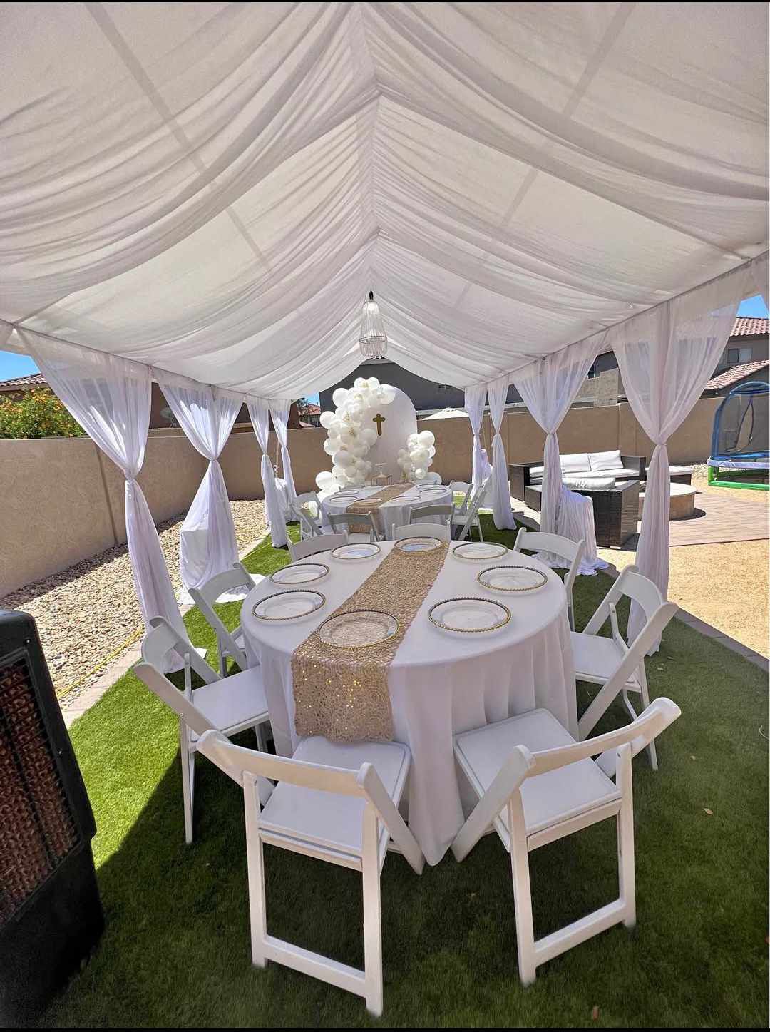 White event tent rental with draping and tables