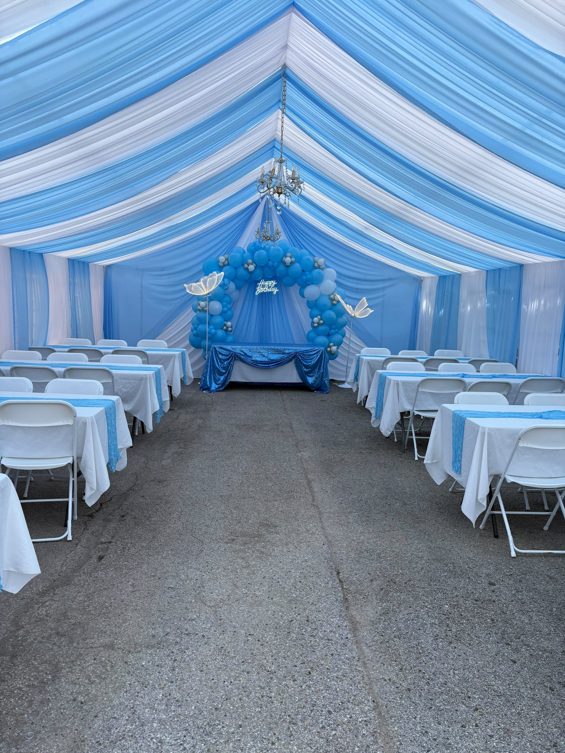 Blue and white coordinated custom draping
